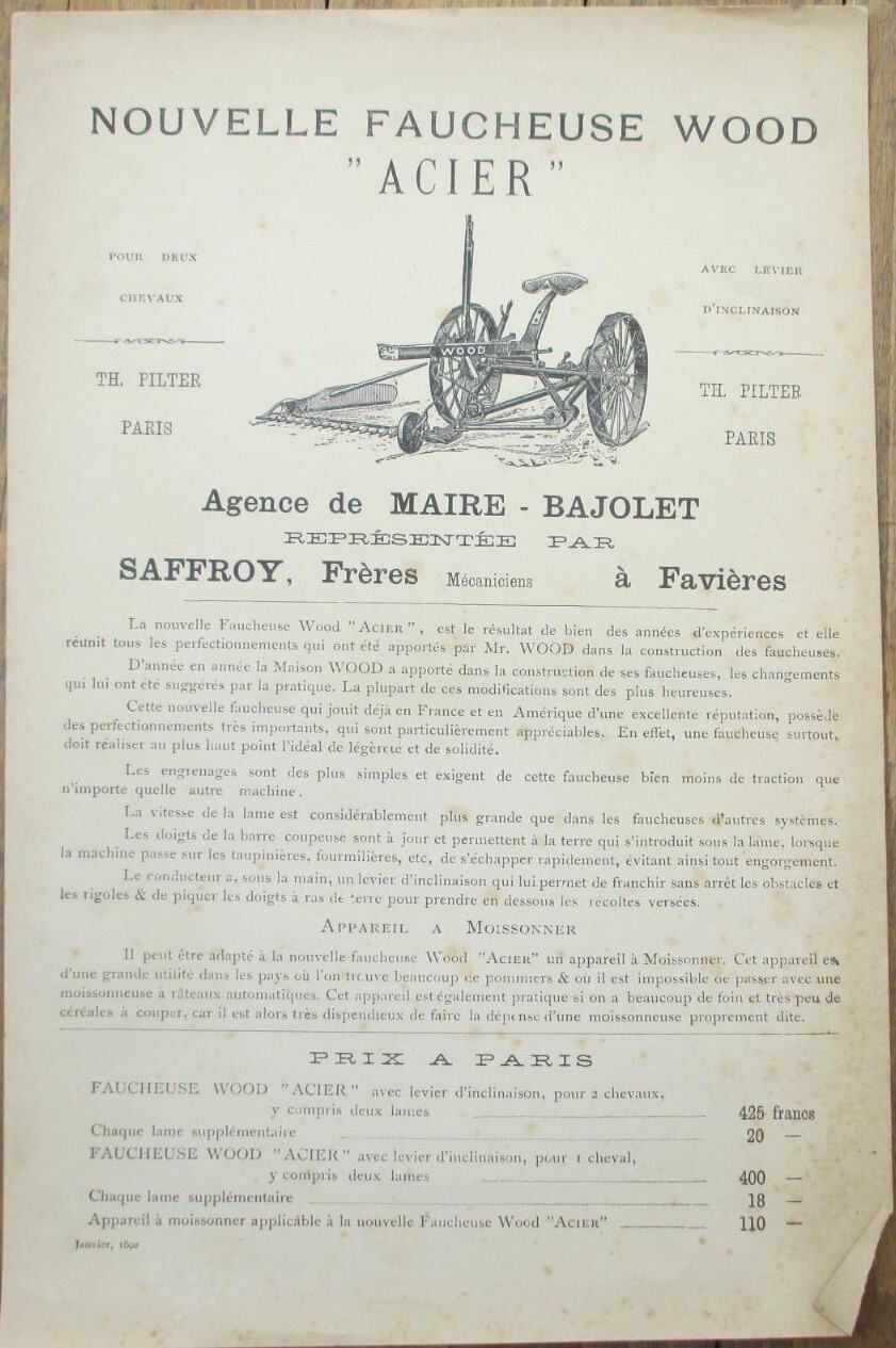 Farm Agricultural Equipment 1892 French Advertising Wood Acier Horse Drawn Mower